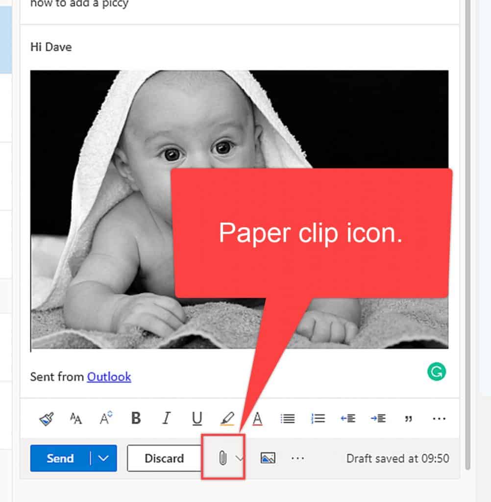 Adding an attachment using the paper clip icon in Outlook.com