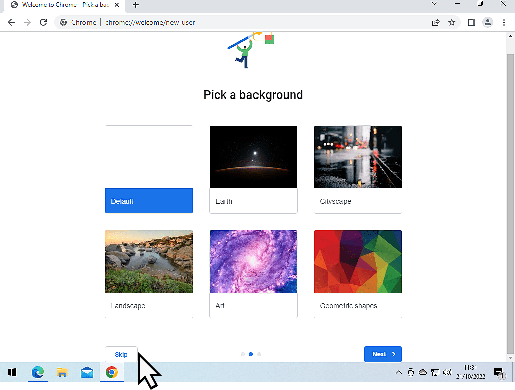 Pick a background page. Skip is indicated.