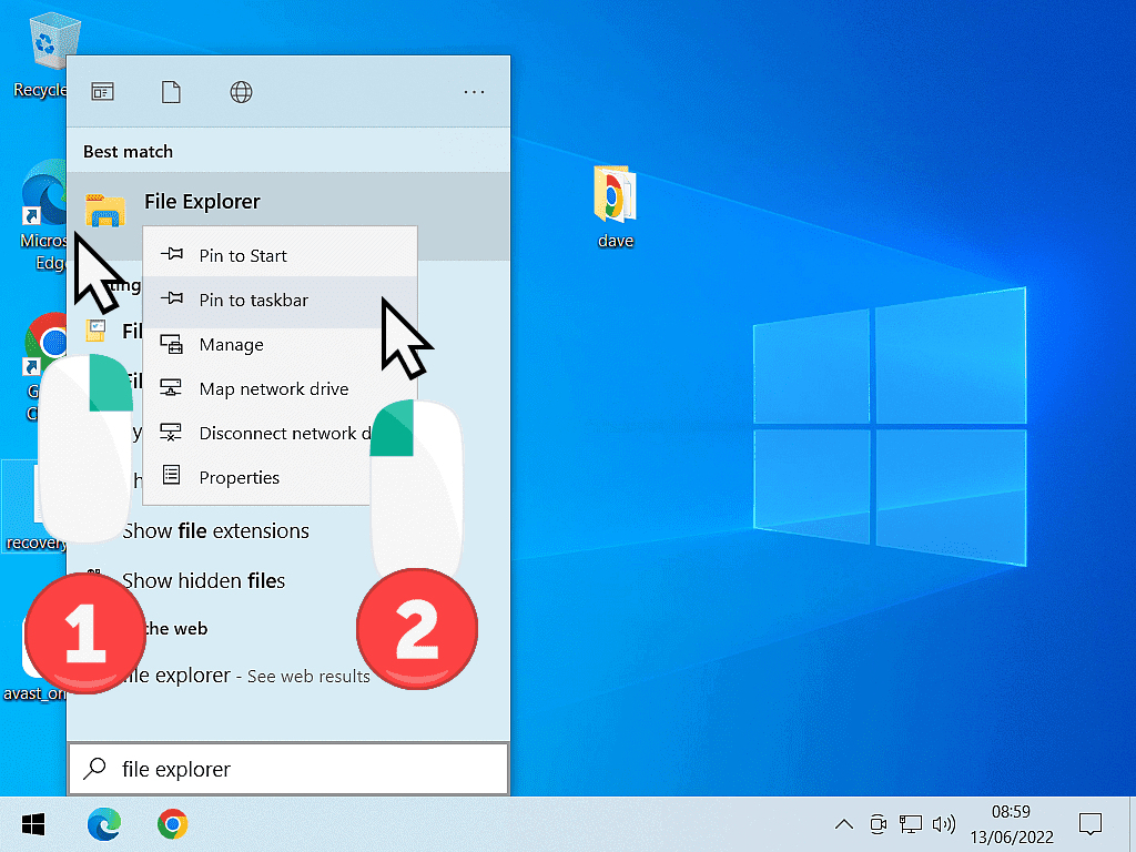 Options menu open and Pin To Taskbar is marked in Windows 10.