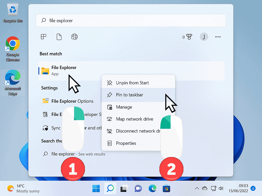 In Windows 11, File Explorer is marked. Options menu is open, Pin to taskbar is indicated.