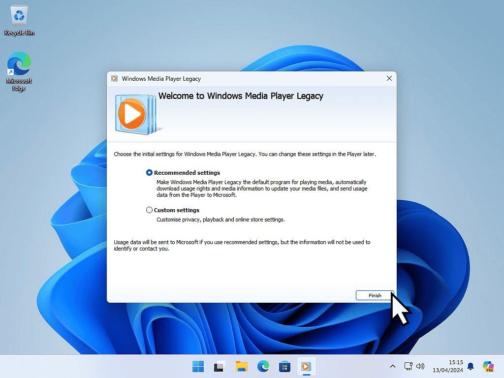 Windows Media Player. Recommended Settings is selected.