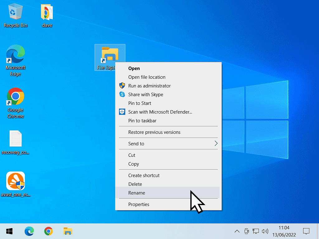 Windows 10 options menu open and Rename is highlighted.