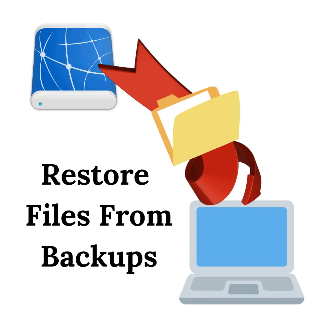 External USB drive with an arrow pointing towards a computer. Text reads "Restore files from a backup".