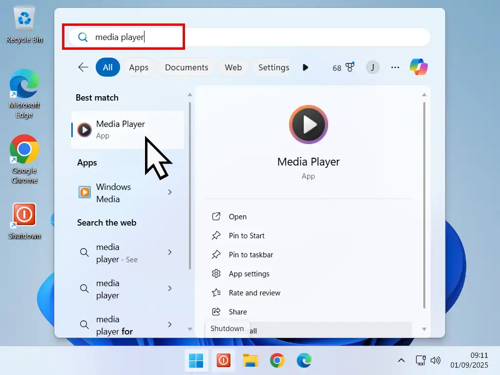 Opening the Media Player app in Windows 11 to rip a music CD.