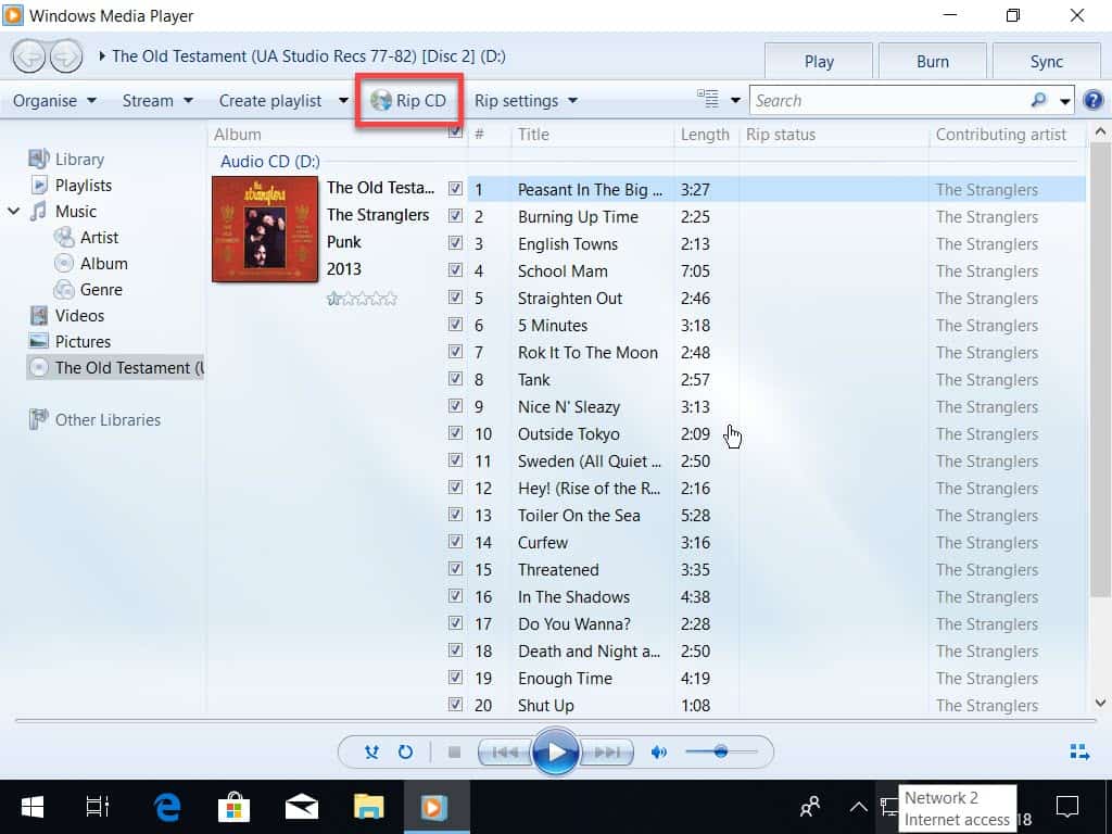 Rip CD button marked in Windows Media Player.