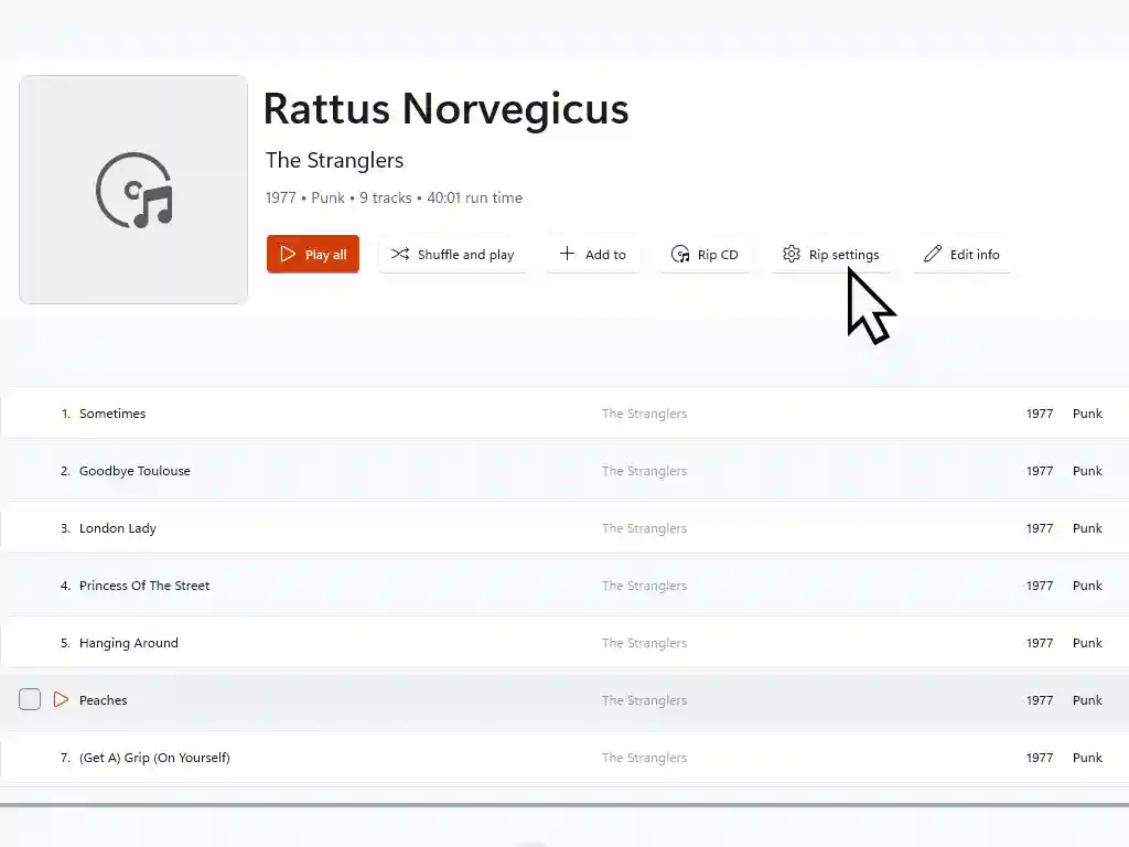 Rip Settings button marked in Media Player.