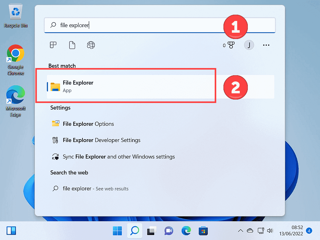 Windows 11 Start menu open. File Explorer typed into search box and indicated in results.