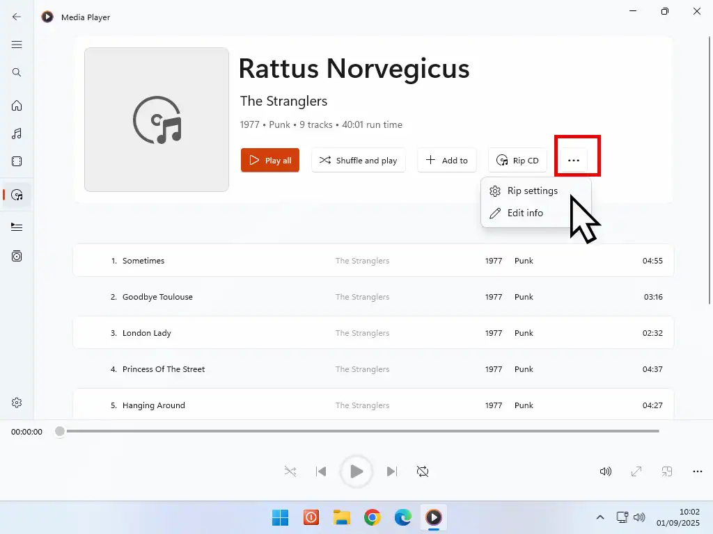 Rip Settings is hidden under the More Options button on smaller screens.