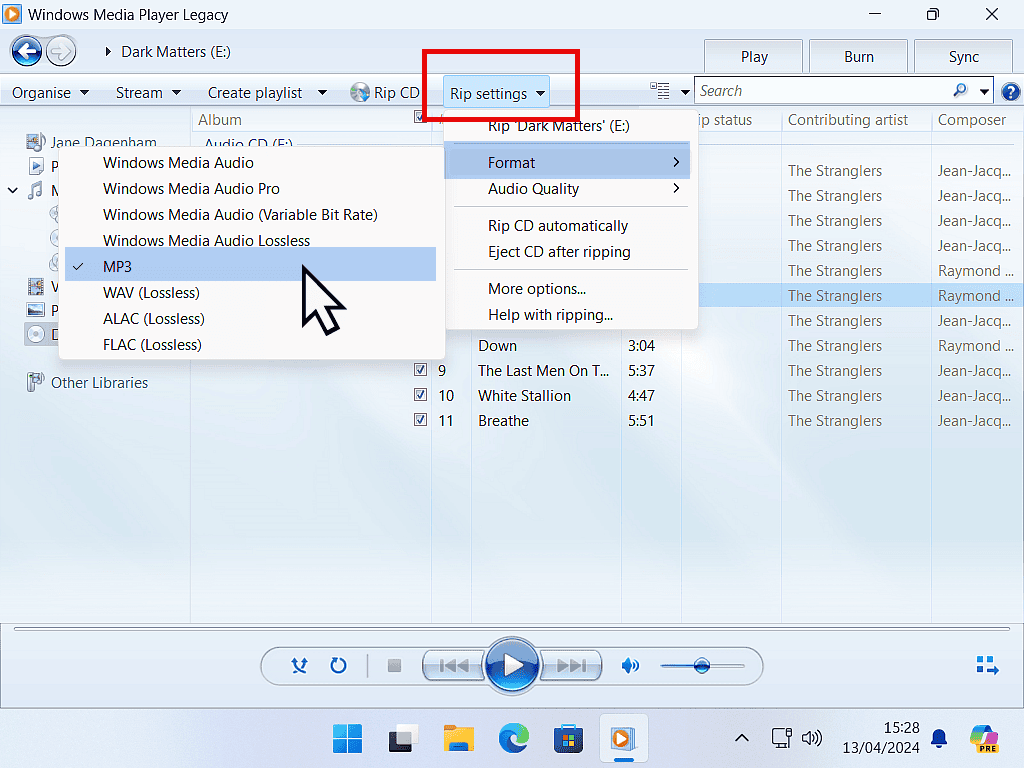 Rip Settings button is marked and MP3 is selected on the menu.