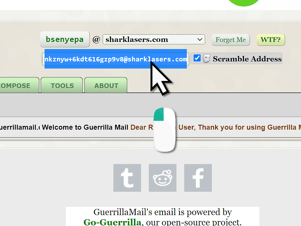 Selecting the burner email address at Guerrillamail.com.