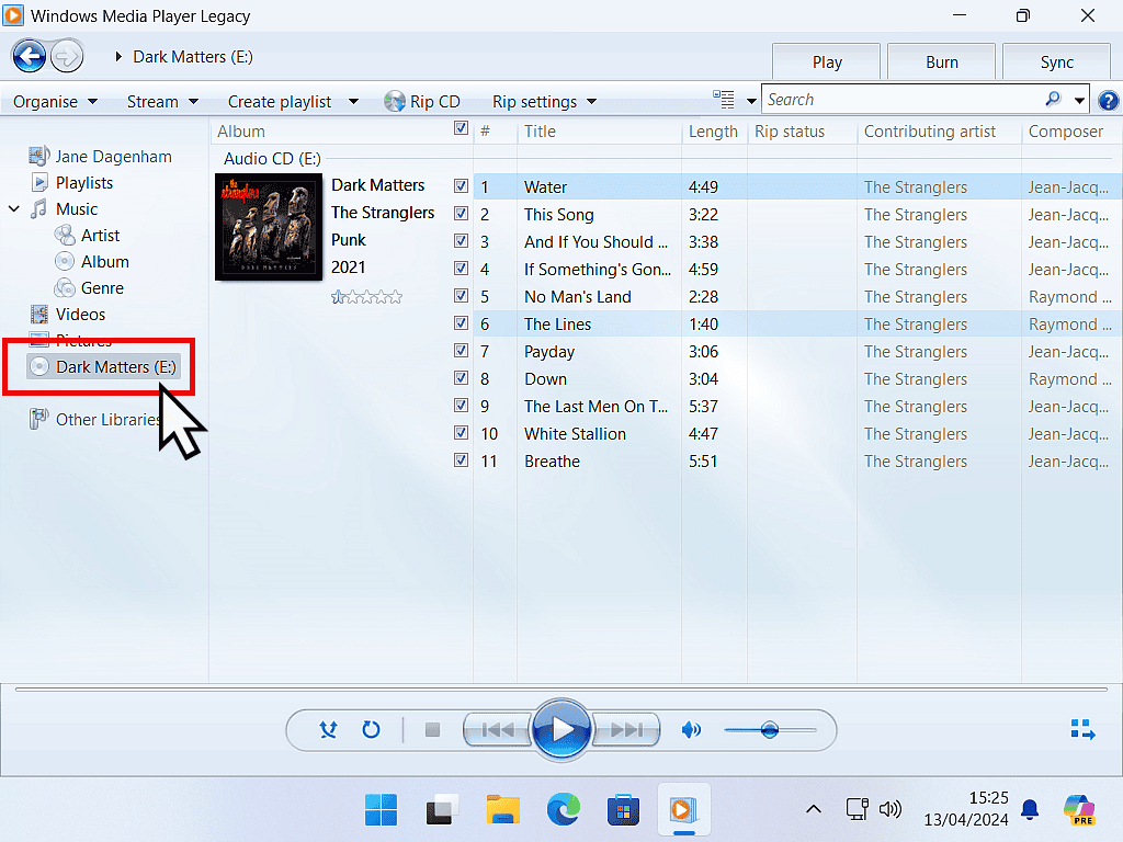 Audio CD is highlighted in Windows Media Player navigation panel.