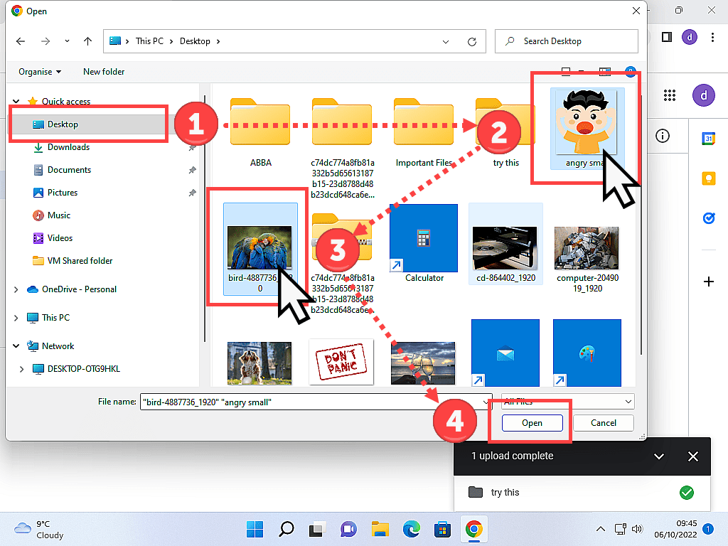 Explorer window open. Steps to select and upload files are indicated and numbered 1, 2, 3 and 4.