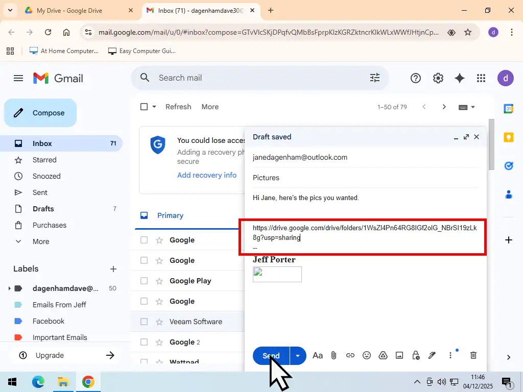 Send link Sending a link to a Google Drive folder.
