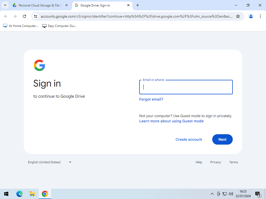Google sign in page. Nothing has been entered yet.