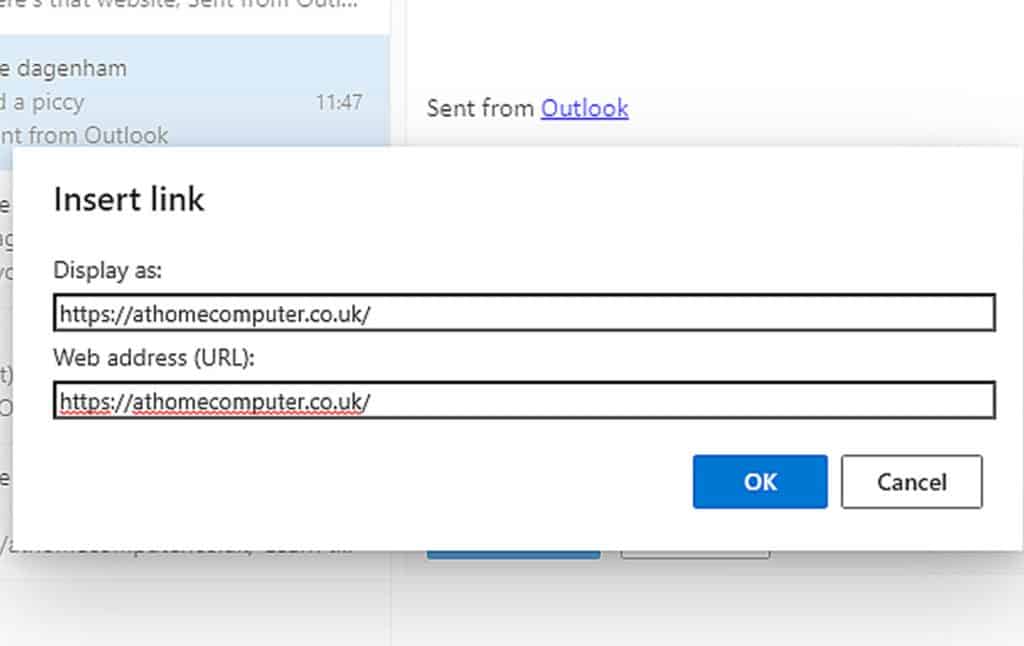 Website address entered into the Add Link box in Outlook.com