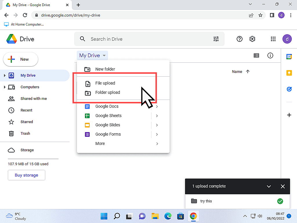 File and Folder upload options indicated on Gdrive menu.
