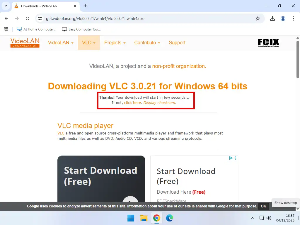 VLC-Your download will start in a few seconds "Your download will start shortly" message highlighted.