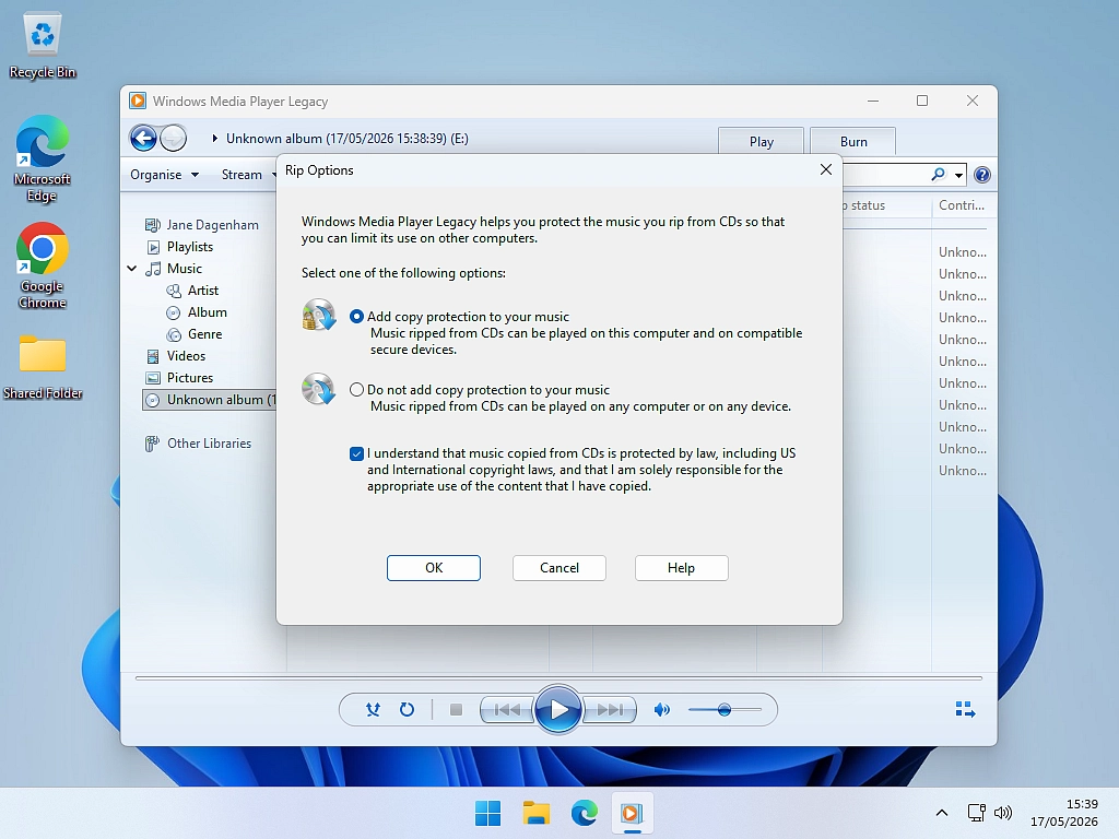 Windows Media Player adding copy protection Windows Media Player splash screen with Copy Protection enabled.