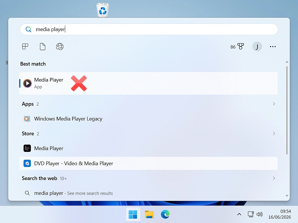 Windows Media Player app The modern Media Player app has a red X beside it to indicate that you can't use it to burn CDs.