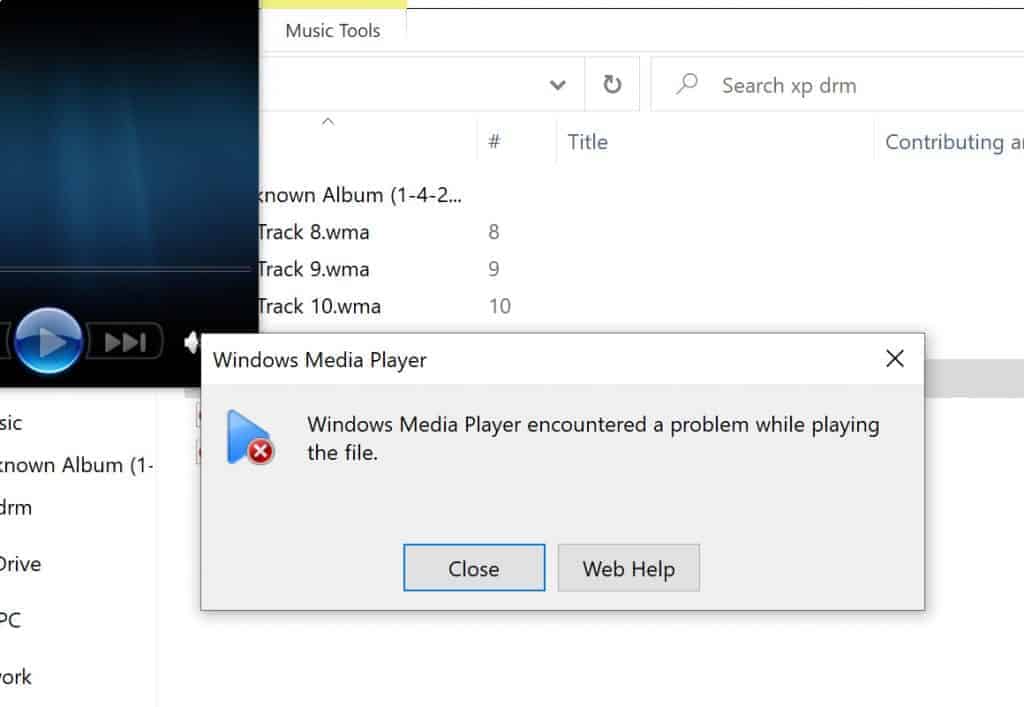 An error from Windows Media Player.