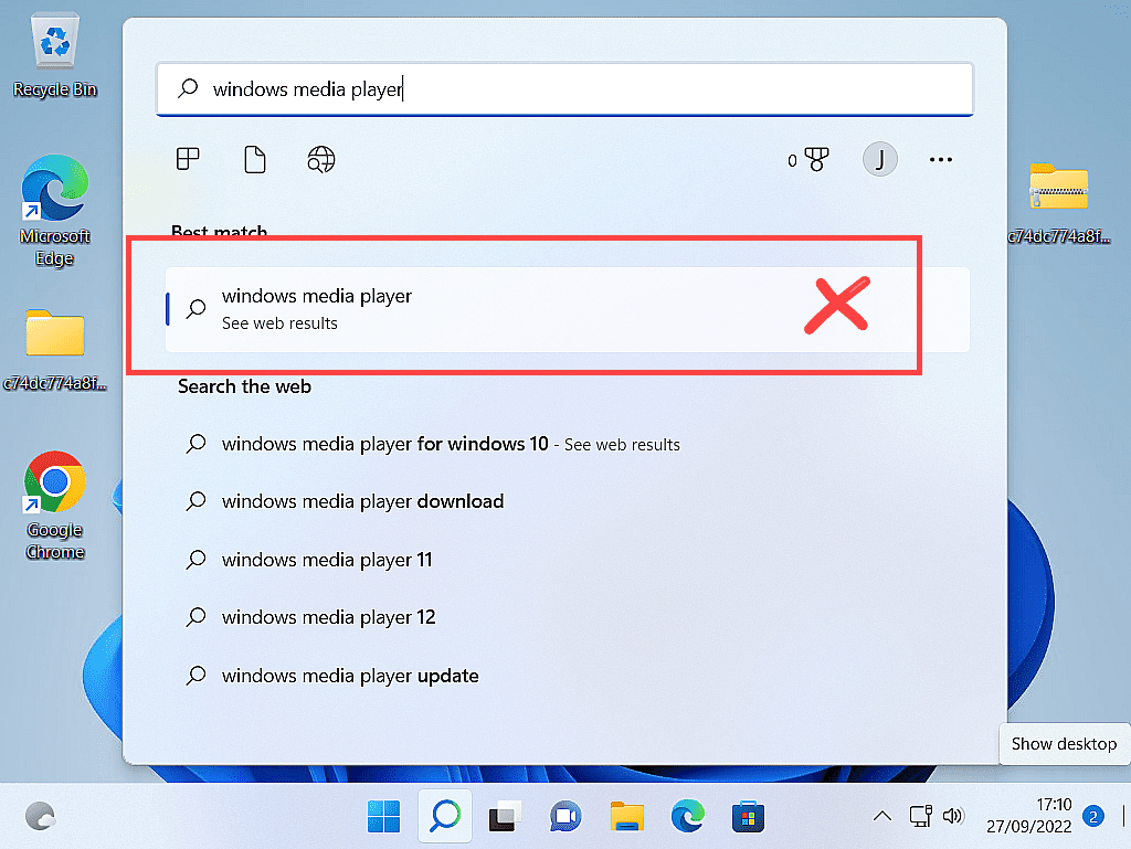 Searching for Windows Media Player on Windows 11 computer..