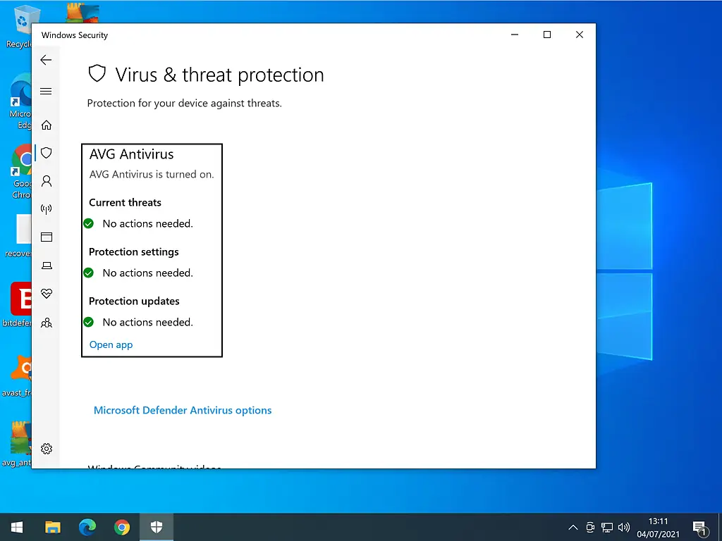 Windows Defender settings page indicating that AVG Antivirus is currently controlling the computer protection.