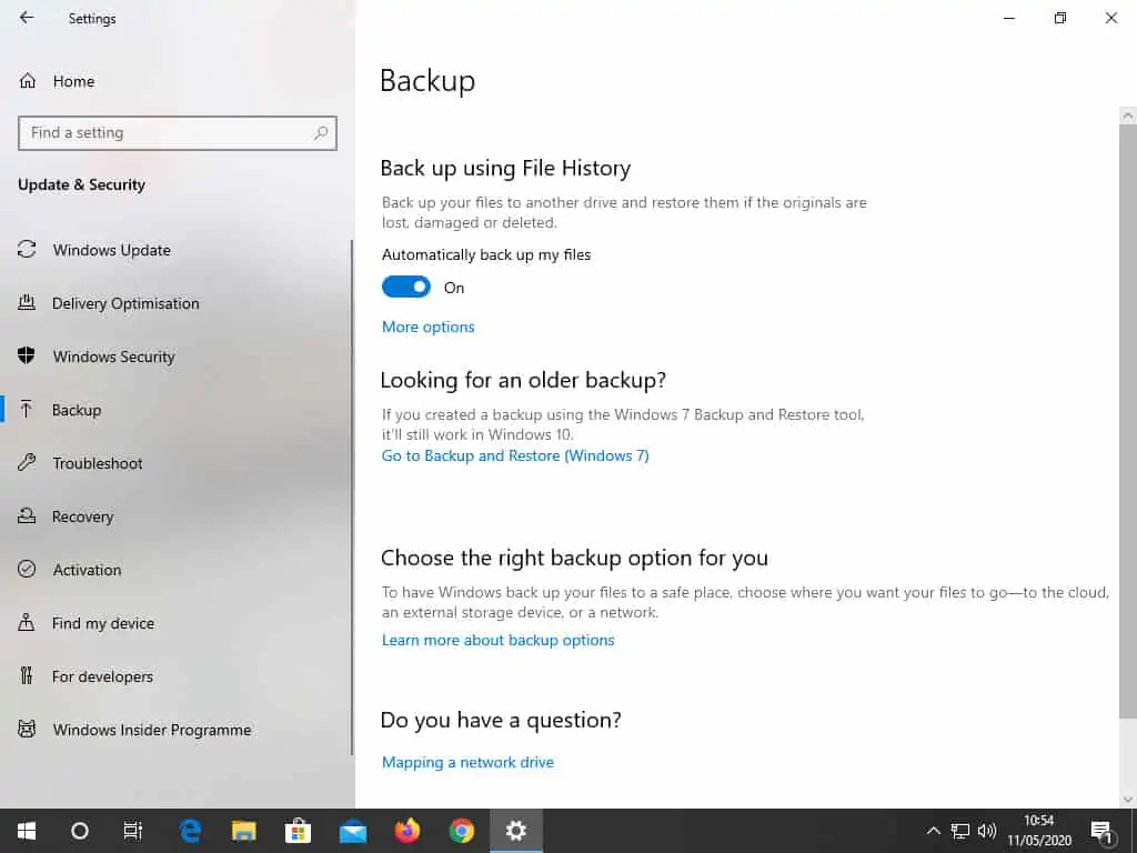 Windows File History setup page. It is turned on.