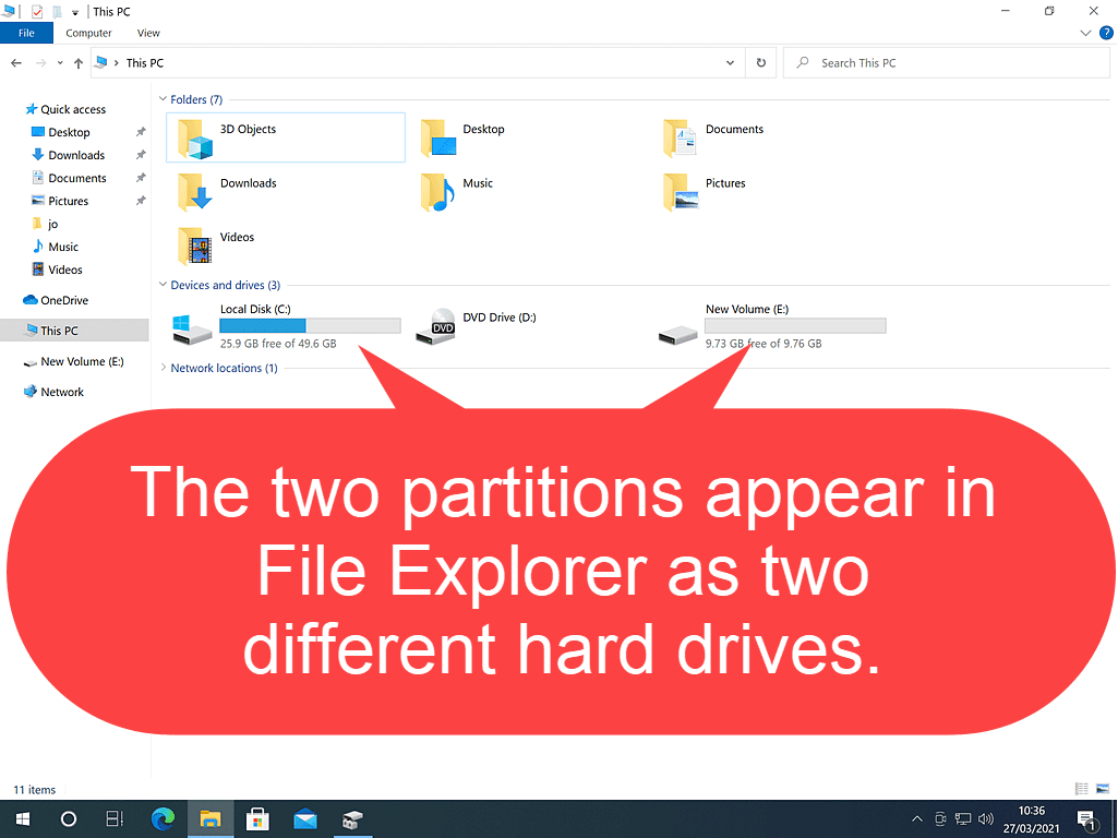Callout indicates that there are now two drives in File Explorer.