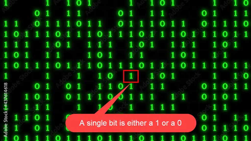 A bit is either a 1 or a 0 A grid of scrolling ones and zeros similar to the movie "The Matrix". A single 1 is highlighted as a single "bit".