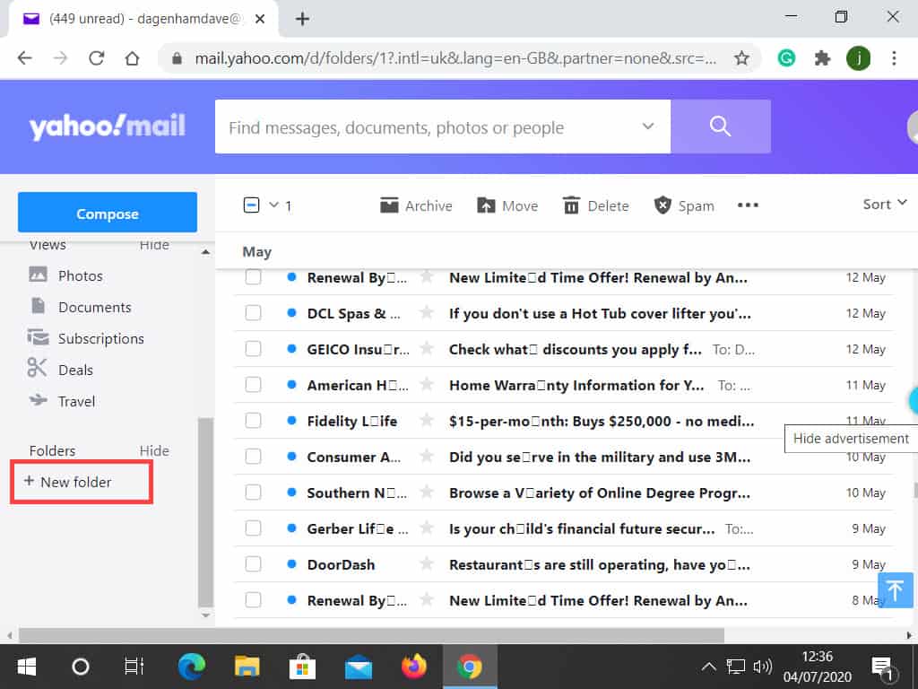 Add new folder option marked in Yahoo Mail.