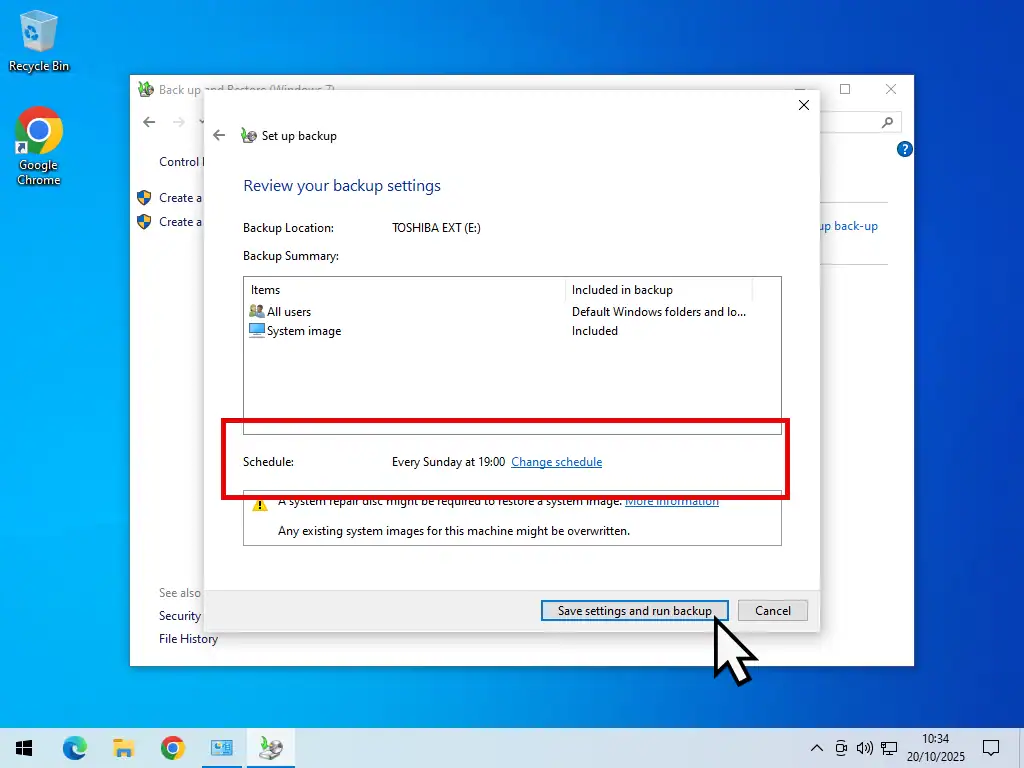 Backup schedule Save settings and run backup.