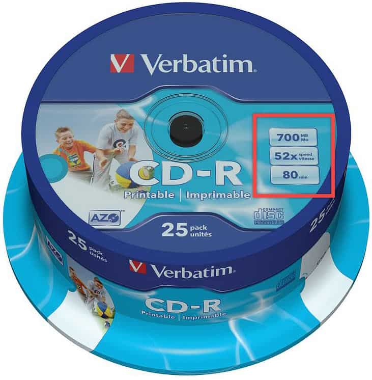 A spindle of 50 blank CD-R discs. The capacity and recording speed are indicated on packaging.