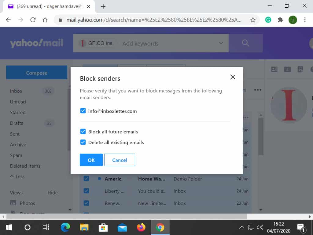 Block sender confirmation window in Yahoo Mail. All options have been selected and the OK button is indicated.