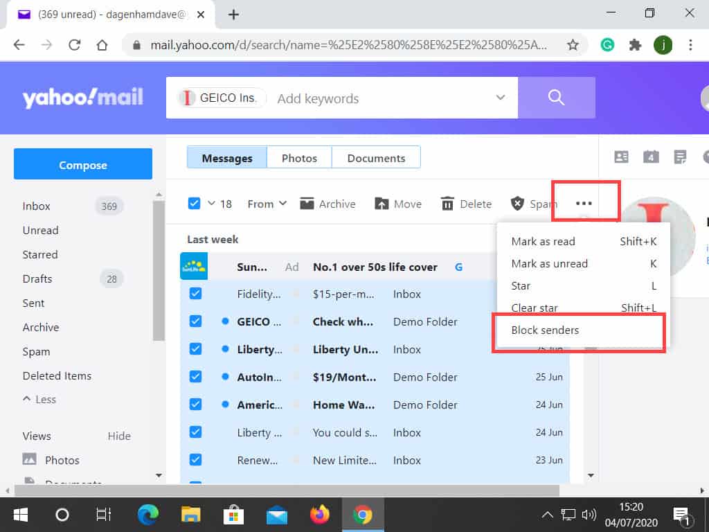 All emails selected, Block sender is indicated.
