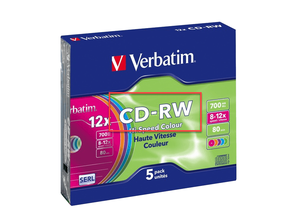A pack of re-writable blank CDs. CD-RW is highlighted on the packaging.