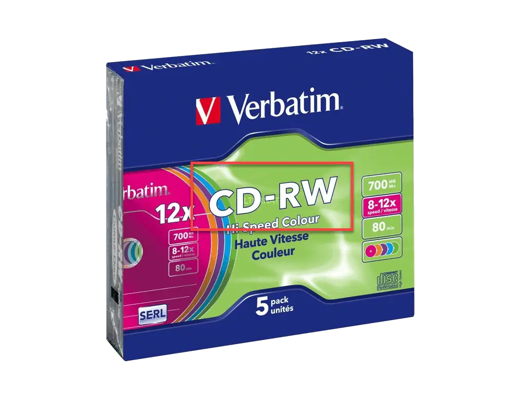 A pack of re-writable blank CDs. CD-RW is highlighted on the packaging.