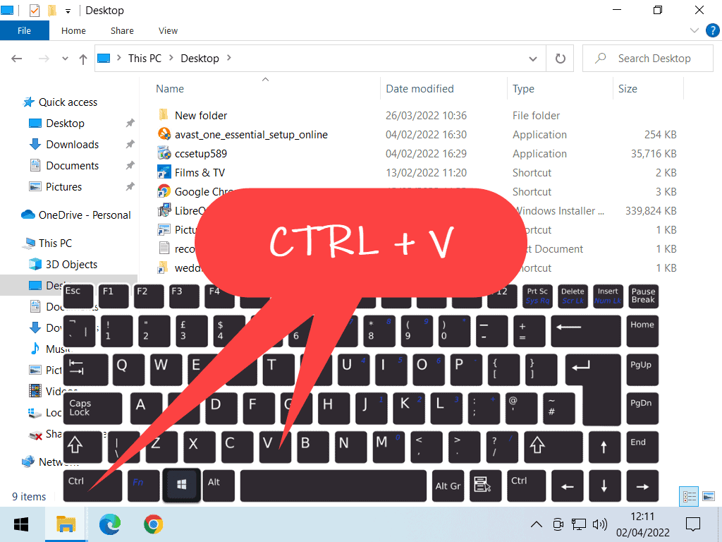 CTRL key and letter V indicated on UK layout keyboard