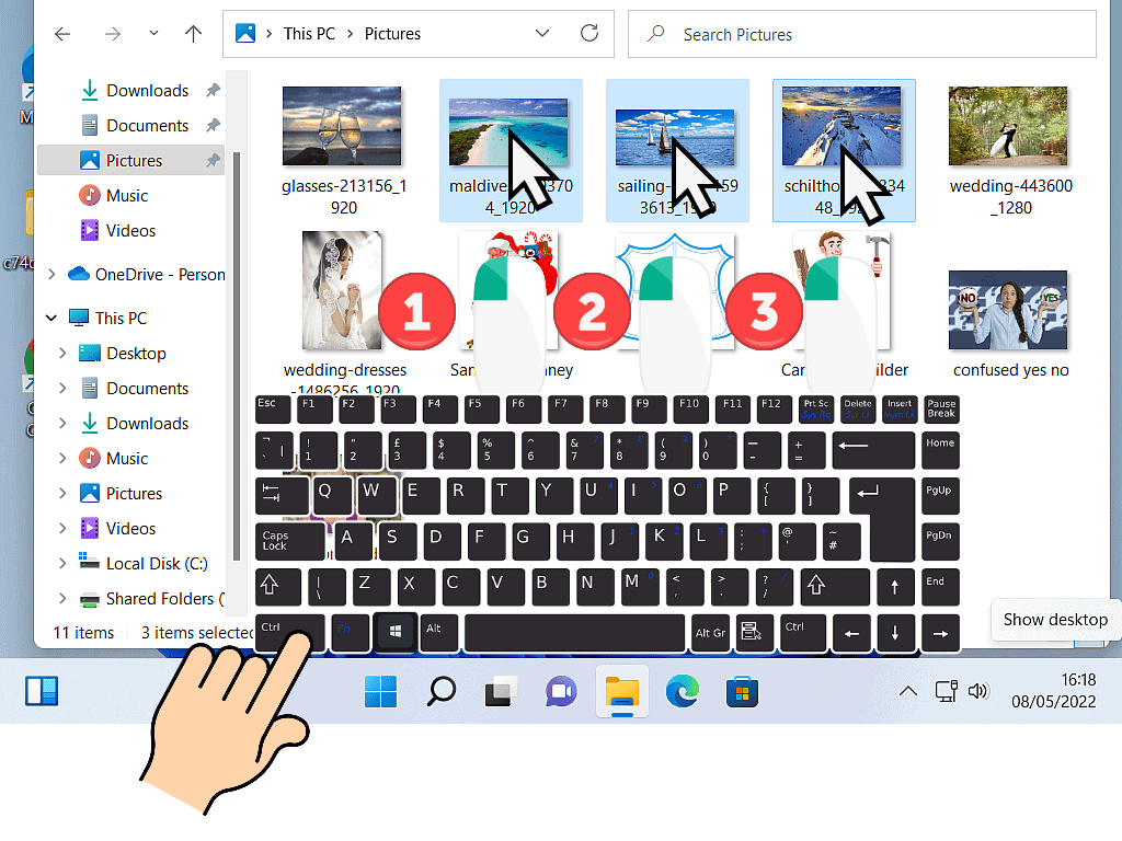 Multiple image files being selected. Keyboard is shown with CTRL key highlighted.