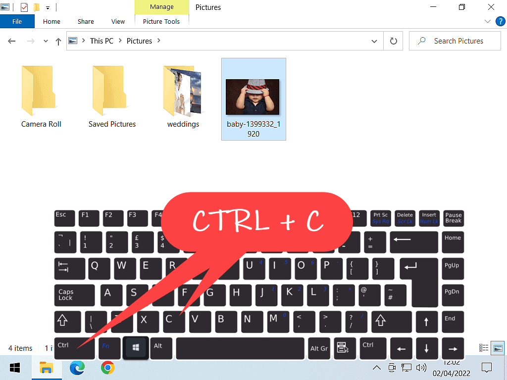 Windows 10. CTRL and letter C keys indicated on a keyboard.