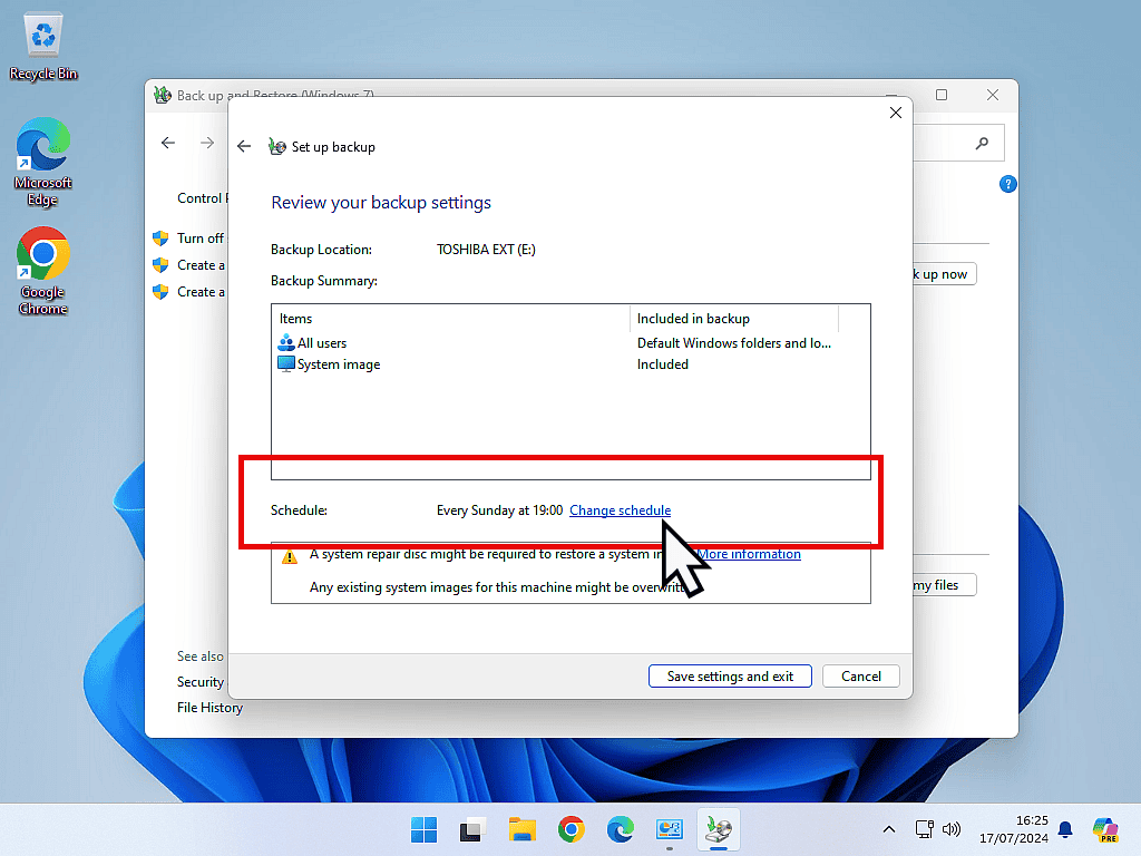 Change Schedule option is indicated in Windows Backup & Restore.