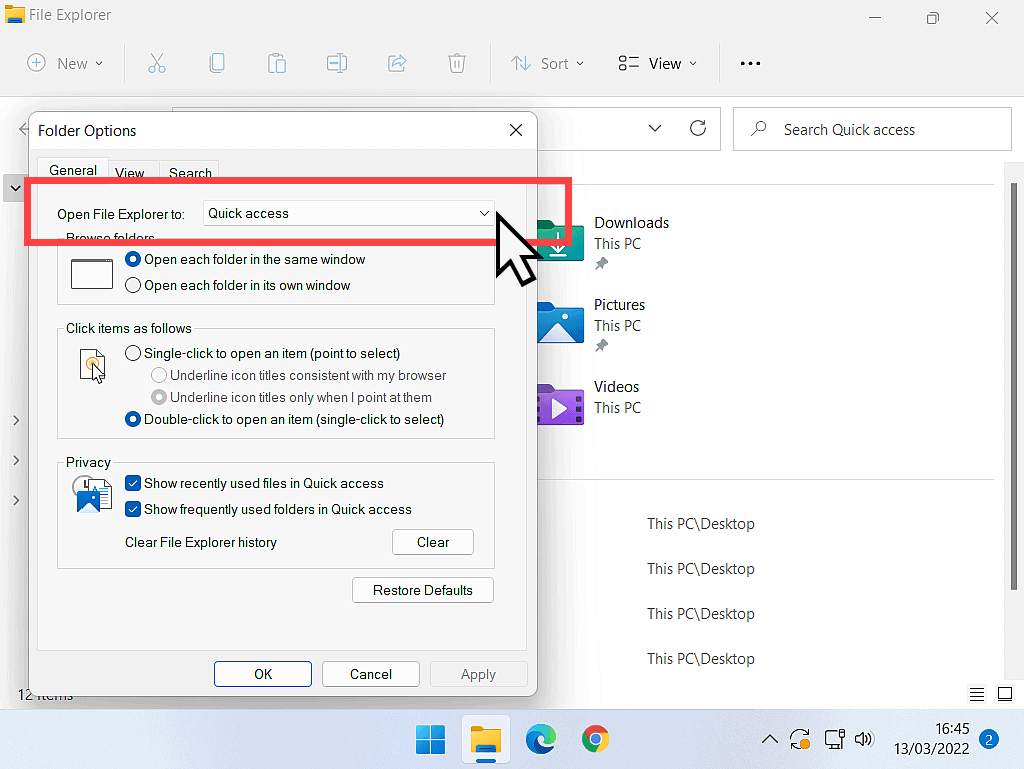 Drop down arrow indicated in Windows 11 File Explorer options menu