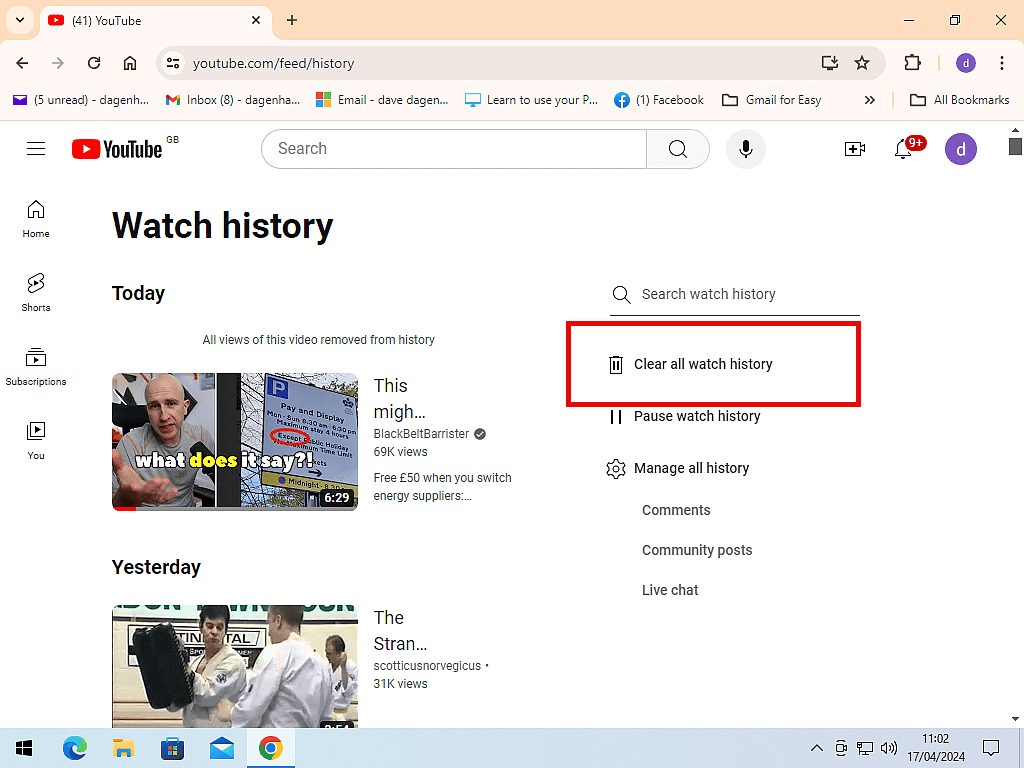 Clear all watch history is highlighted.