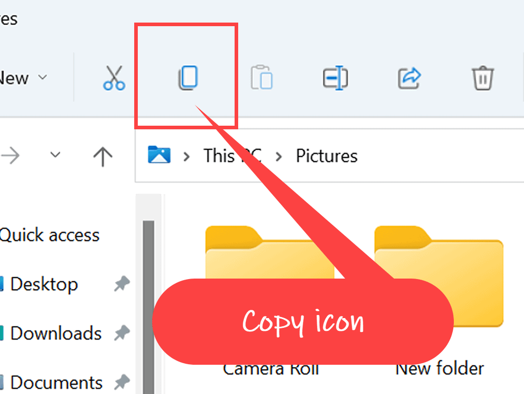 Close up view of the Windows 11 Copy button (icon)
