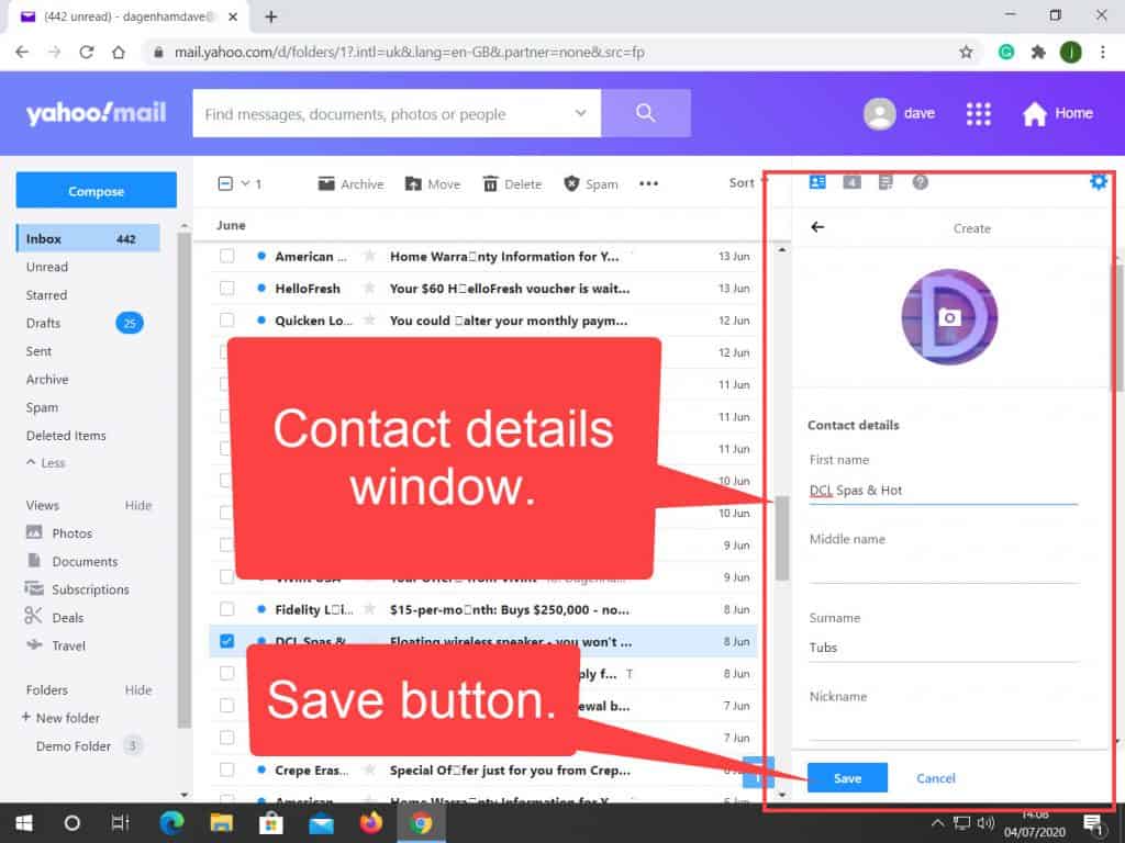 The contacts window and the Save button are both highlighted in Yahoo Mail.