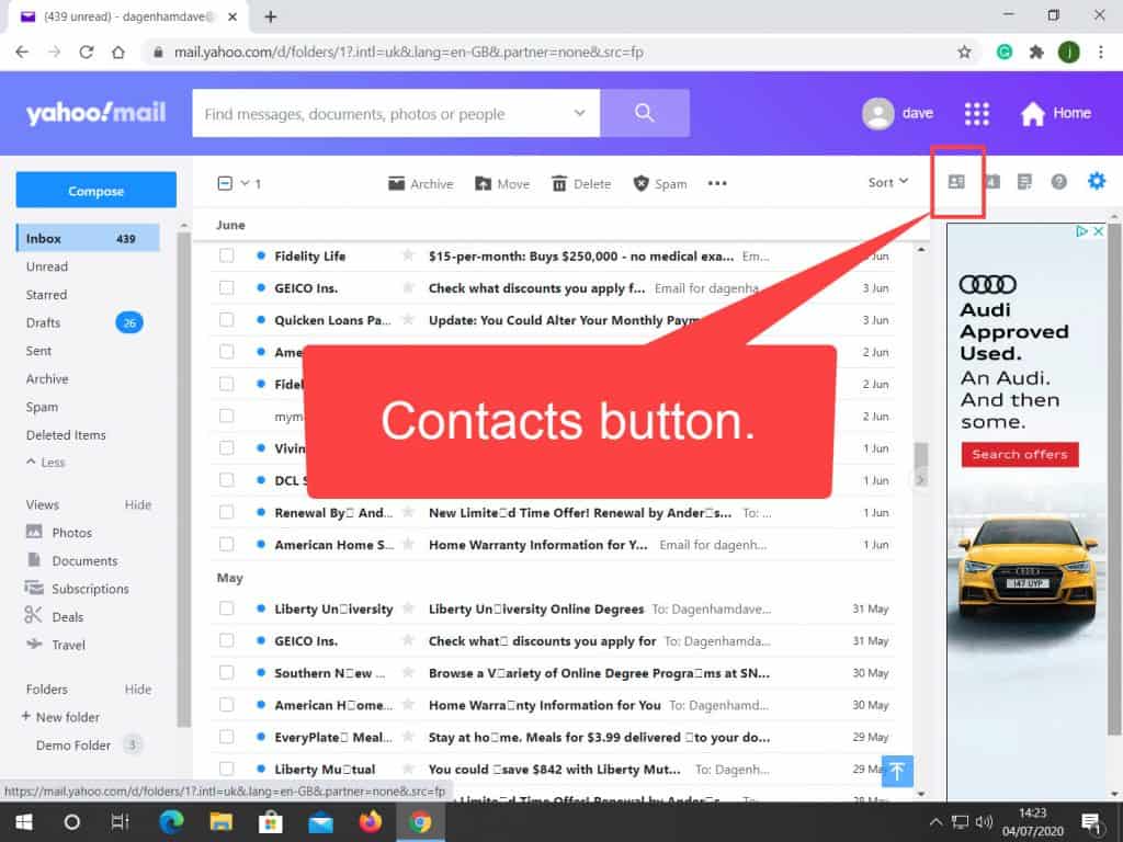 Contacts button is indicated in Yahoo Mail.