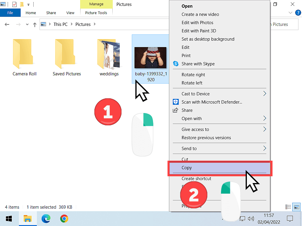 Windows 10 context menu open. Copy is indicated