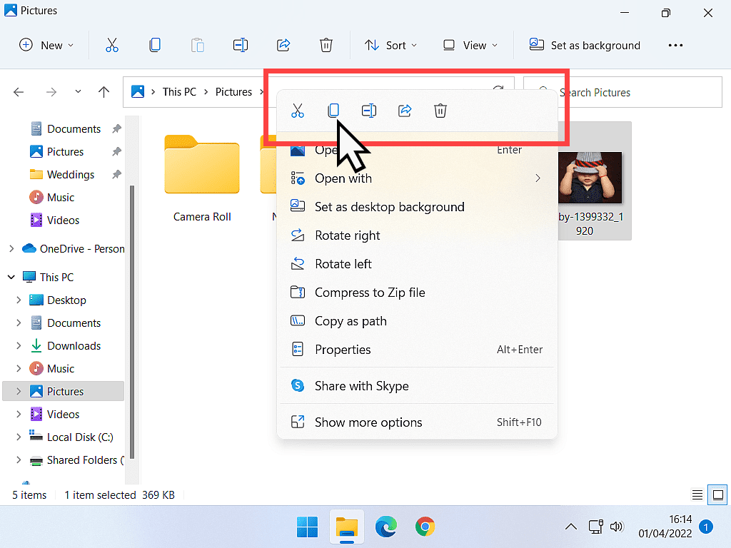 Context menu open and Copy button indicated in Windows 11