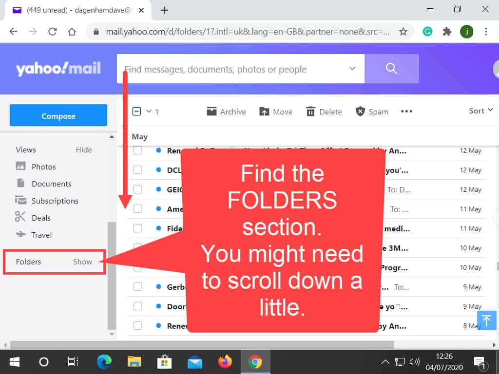 Folders section in Yahoo Mail highlighted.