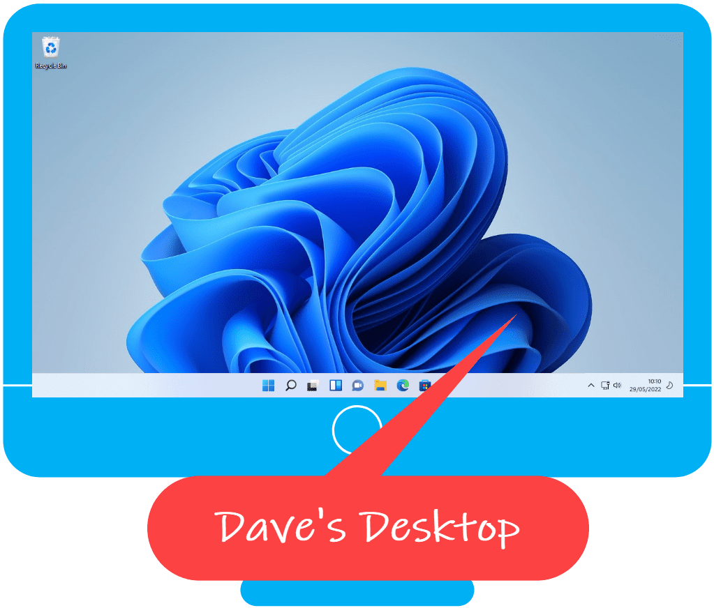 Computer showing the standard Windows 11 desktop. Text reads "Dave's desktop".