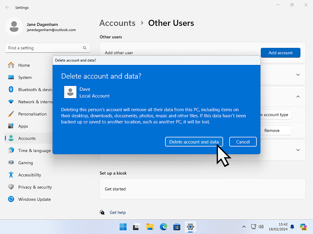 Delete account confirmation window.